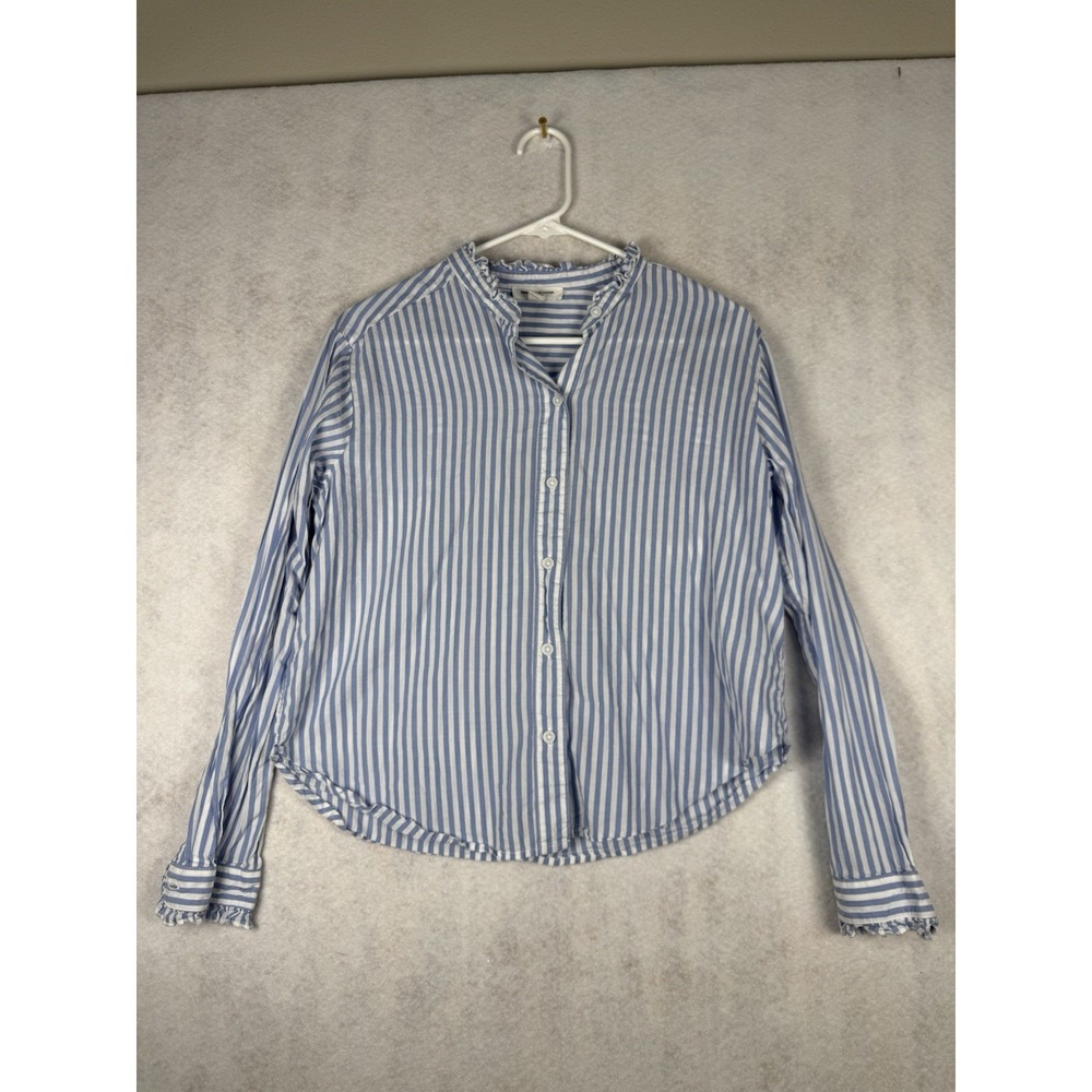 BeachLunchLounge Womens Small Blue White Striped Button Down Ruffle Shirt